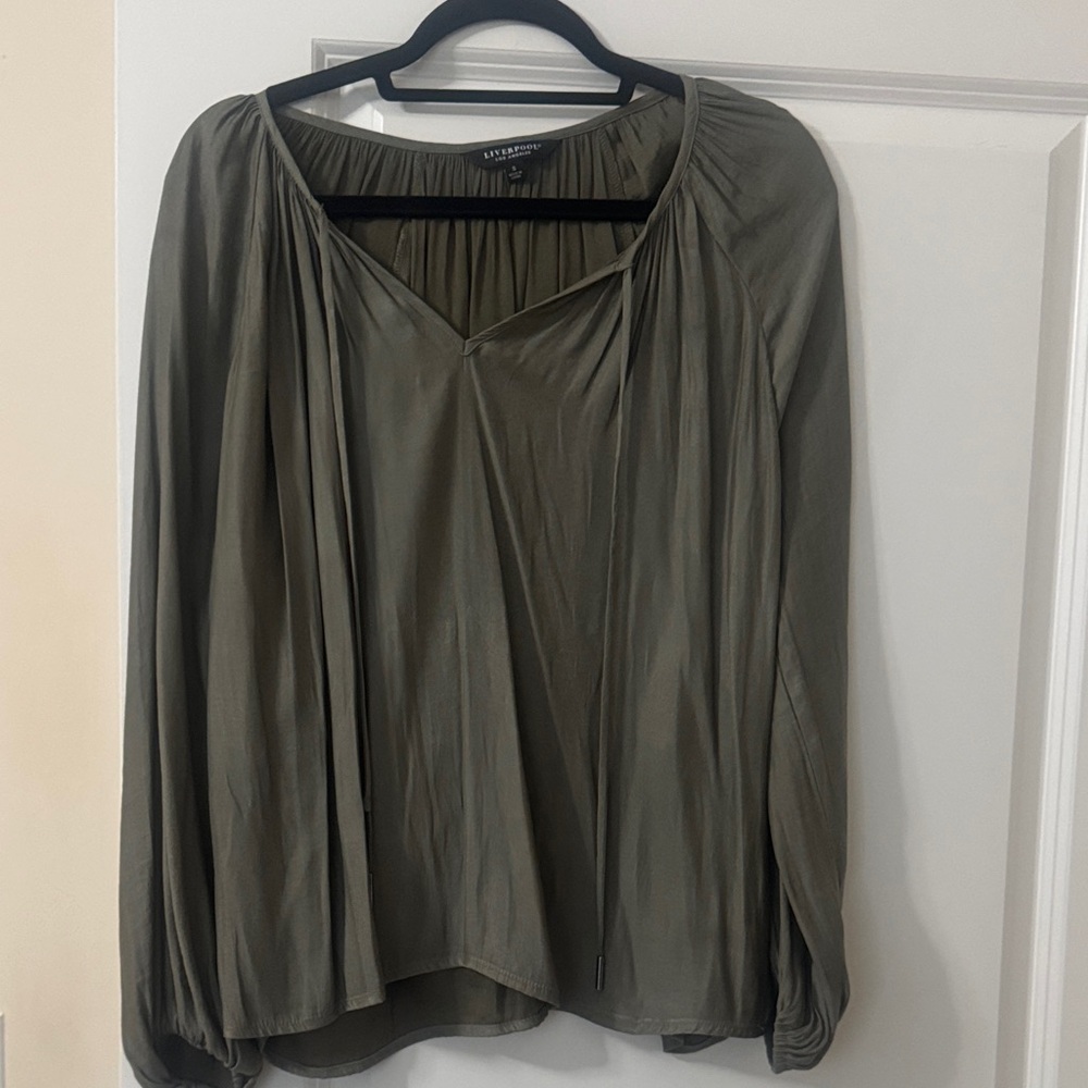 Liverpool Olive Blouse with Flowing Sleeves